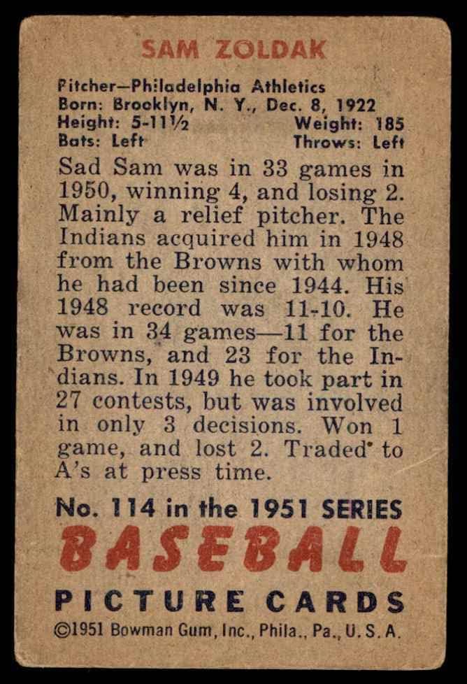 1951 Bowman 114 Sam Zoldak Philadelphia Athletics Good Athletics