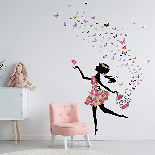 2 lençóis murais de parede de fada das flores Decalques de parede de menina com flores e borboletas