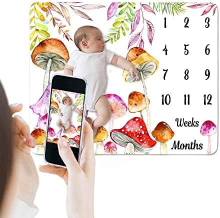 Tema de cogumelo Baby Monthly Milestone Blanket, Flanela macia de 48x40in, fundo aquarela, Presentes
