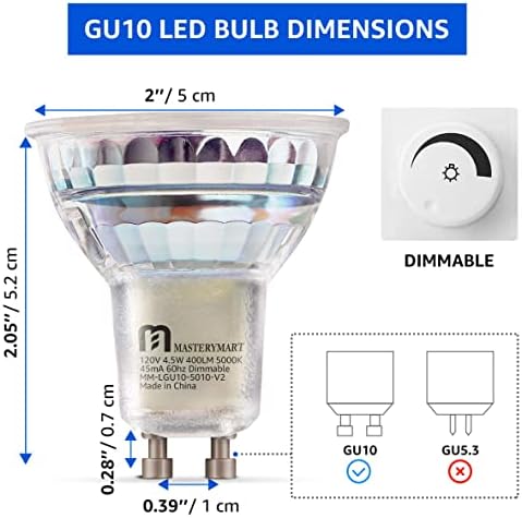 Lâmpadas LED de LED de Mastery Mart GU10, Dimizável 5000k Daylight White 4,5W