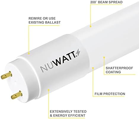 NUWATT (10ft de tubo de 4 pés de 4 pés de 4 pés de lente, 18w, 5000k, 2.200 lúmens, 120v-277V, tubo de dupla,