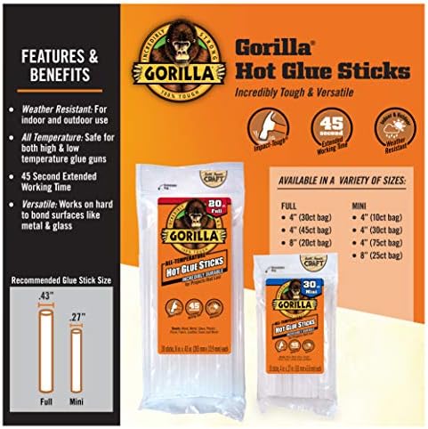 Gorilla Hot Glue Sticks, Mini Size, 4 Long X .27 Diâmetro, 75 contagem, Clear,