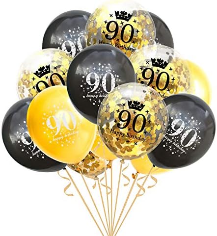 90º aniversário balões decorações de festas de ouro preto Balão de confete de látex para homens homens 90 anos