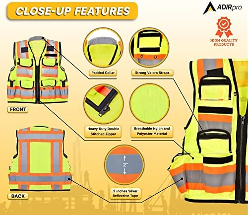 Colete de segurança adirpro inspetor com bolsos - colete de construção reflexivo de alta visibilidade