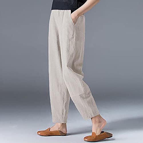 Calças de linho de algodão casual de verão para mulheres calças de perna larga e largura calças