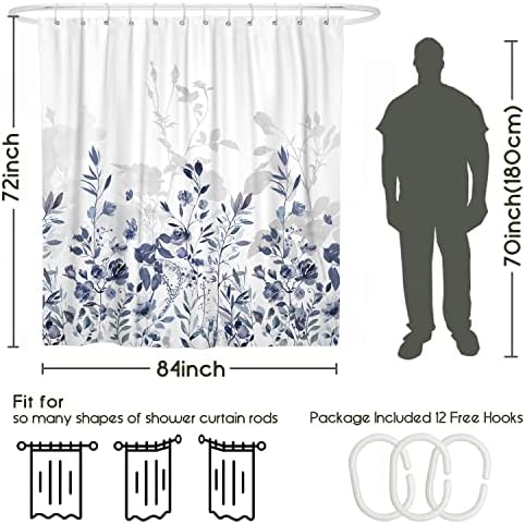 Cortina de chuveiro floral de Woodiggie para o banheiro, cortina de chuveiro azul de rosa e cinza com ganchos,