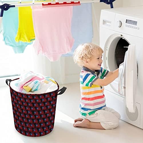 American Flag Maga Laundry Tester cestas de tecido de lona redonda com alças Bolsa de roupas de lavagem dobrável