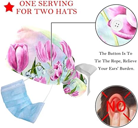 2 pacotes tulipa de tulipa desenhada à mão com botões e banda de suor Cap de tampa de enfermagem de tampa de lavagem
