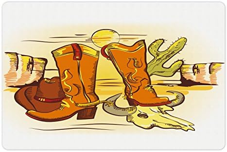 Tapete de estimação ocidental lunarable para comida e água, composição com acessórios de cowboy botas