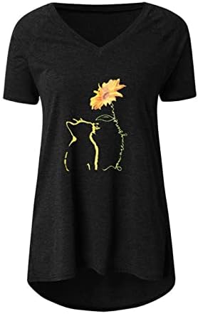 Camisa da blusa para mulheres de manga curta 2023 Vneck Cotton Sun Cat Gunflower Gráfico floral Kawaii Brunch