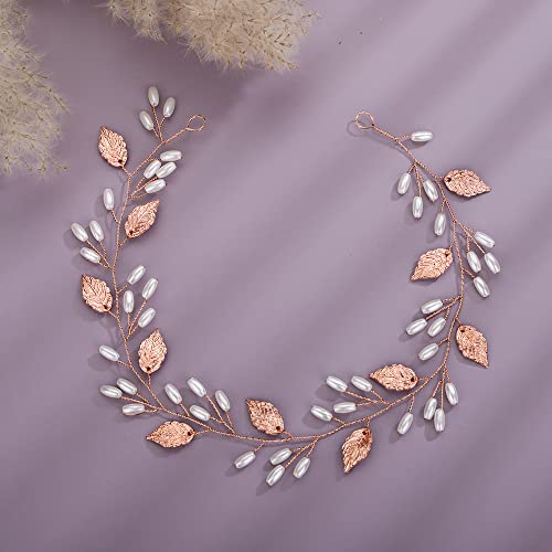 Teyglen Leaf Pearls Cabelo da cabecela Vinha artesanal Bridal Long Rose Folhas de folhas de cabeça Acessórios