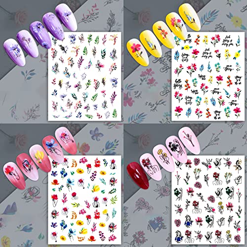 Wokoto 12 lençóis decalques coloridos de unhas de flor para unhas adesivas de arte 3d para unhas adesivas florais