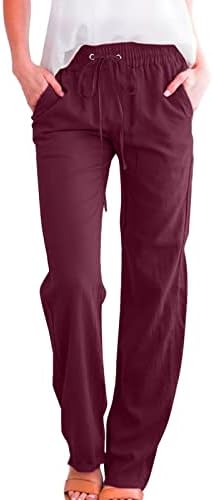 Calças de linho de algodão casual de verão para mulheres calças de perna larga com bolsos soltos Fit Pure Color
