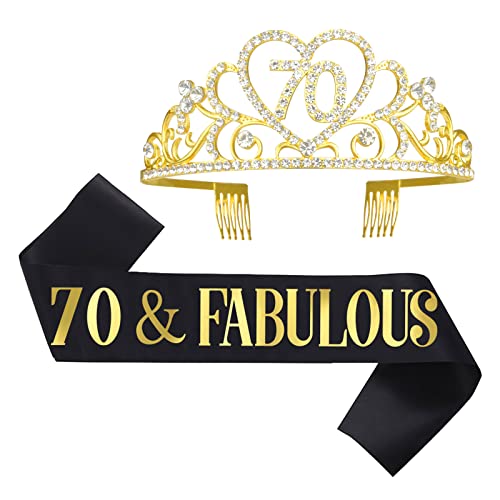 Skjiayee 70º aniversário Tiara and Sash Kit - Preto 70 e fabulosas faixas de aniversário e aniversario Gold