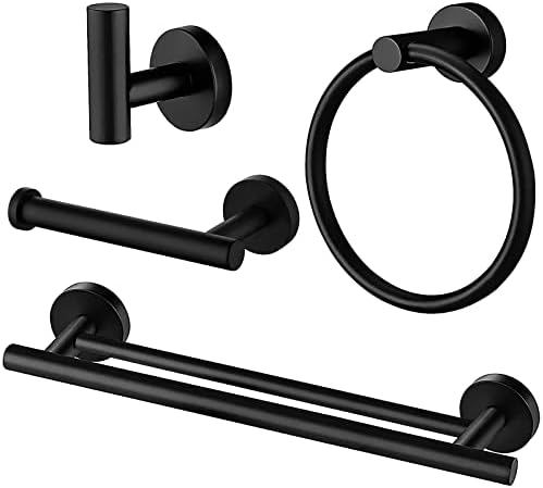Conjunto de hardware de banheiro preto de 4 peças, barra de toalha dupla de 24 polegadas, toalha, anel