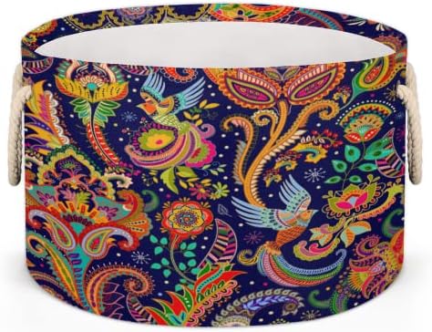 Paisley colorido grandes cestas redondas para cestas de lavanderia de armazenamento com alças cestas