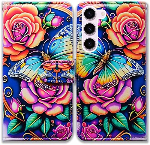 BCOV Galaxy S23 Plus Caso, Flores de borboleta colorida Capa de carteira de capa de capa de telefone de couro com