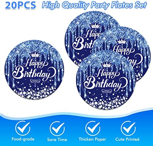 Juhap 80pcs Decorações de aniversário azul marinho, Blue Happy Birthday Party Tabelware Inclui pratos de sobremesa