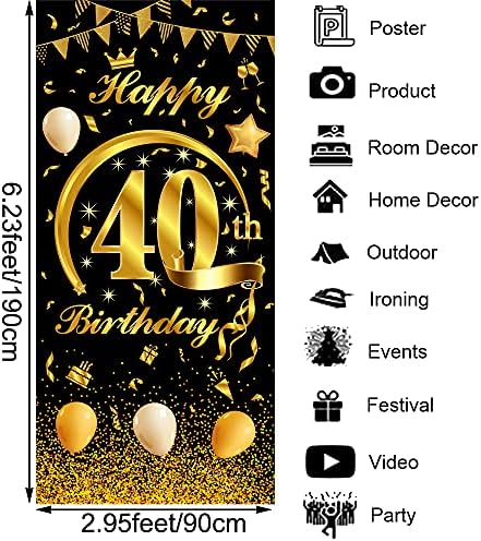 MOCOSSMY Feliz 40º aniversário da porta da porta de 40 anos, grande preto e dourado por porta de feliz aniversário
