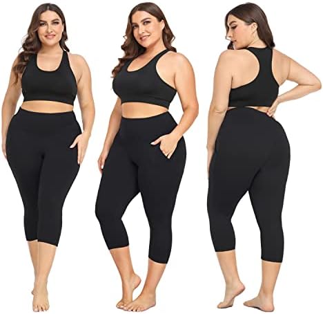 Leggings Capri Plus Size de Yeug Women com bolsos -2 pacote de barriga de alta cintura Treino de controle de ioga