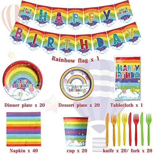 Rainbow Party Supplies-142pcs Clouds Rainbow Conjunto de tableware de aniversário, pratos de arco-íris e guardana