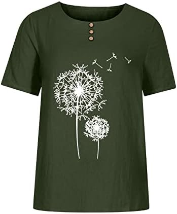 Camisa damas de manga curta 2023 linho de linho Crew pescoço de pescoço botão gráfico para cima camiseta