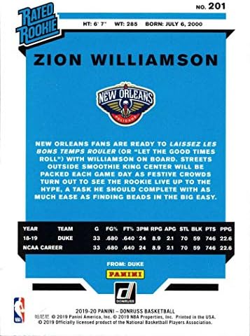 2019-20 Panini Donruss Basketball 201 Zion Williamson ROOKIE CART