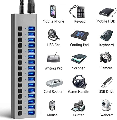 16 portas USB 3.0 Hub e carregador com interruptores individuais [90 watts]