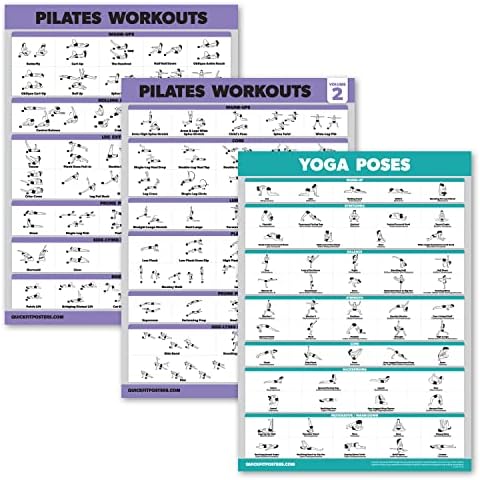 3 pacote - Pilates Workout Posters Volume 1 e 2 + Poses de ioga - Exercícios de trabalho de tapete
