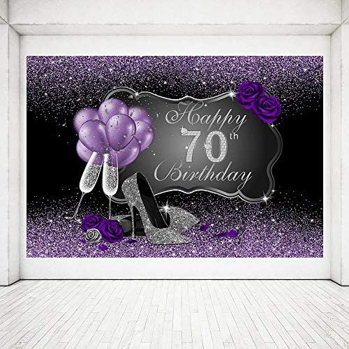 Mehofoto preto e roxo foto fundo prateado salto alto salto de champanhe balões roxo rosa 70th feliz aniversário