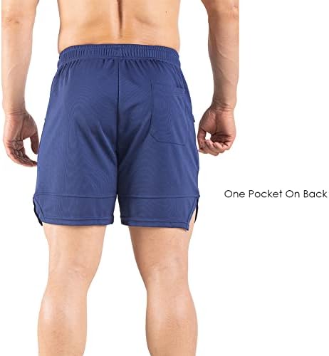 Os shorts de exercícios de 5 da academia masculinos com zíper, shorts atléticos de malha massh de fit seco