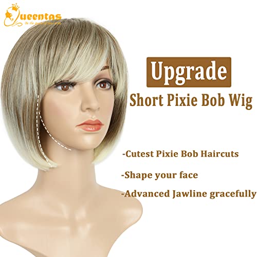 Queentas Wigs loiras curtas para mulheres brancas Pixie Short Bob peruca com franja curta perucas