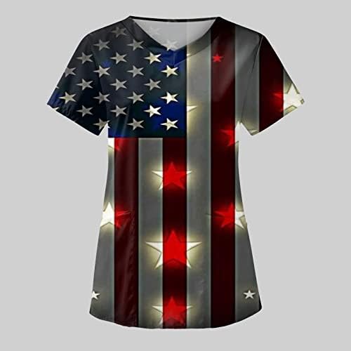 4 de julho camisetas para mulheres bandeira dos EUA T-shirt de manga curta em pescoço com 2 bolsos