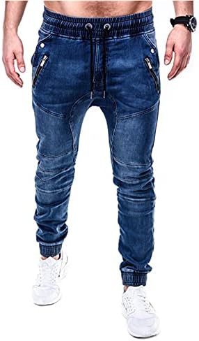 Jeans de jeans de jeans de cordão solto de lixo masculino com calças elásticas com bolsos descontraídos
