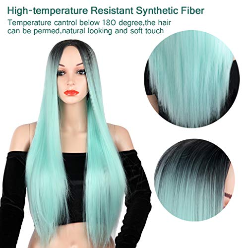 Ombre de menta ombre verde peruca longa e reta colorida Parte média resistente ao calor Fibra sintética