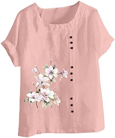Camiseta de linho de pescoço de barco para mulheres de manga curta Flor gráfico de grandes dimensões