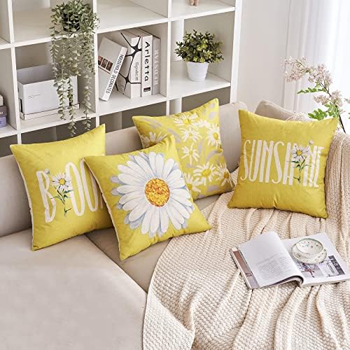 Miulee Conjunto de 4 da primavera Capas de travesseiros de decoração do verão 18x18 Daisy Pillows Pillows Sunflower