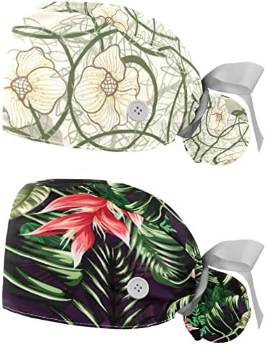 Chapéus bufantes ajustáveis ​​Porta de rabo de cavalo 2 pacotes, padrão de flor de caju de enfermagem limpa Caps