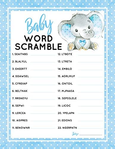 30 garoto elefante de bebê Word Scramble Game de chá de bebê e atividade fácil de brincar- gênero