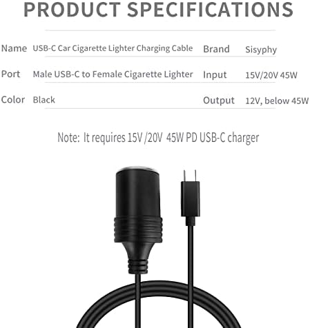 Sisyphy 5ft USB C To Car Cigarette Cable Conversor, até 12V 4.5A, trabalha com um carregador