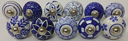10 botões de cerâmica pintados à mão azul e brancos botões de armário de cozinha gaveta de gaveta de tração de