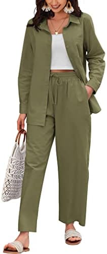 Zeagoo feminino de linho traje duas peças camisa de linho de praia e calça definido por exército xxl