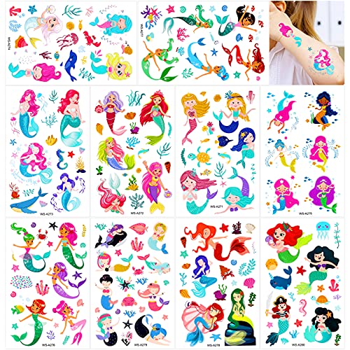 Konsait Mermaid Tattoos for Kids, 188 ou mais PCs fofos TATTOO TAPTOO CRIANÇAS Adesivos para meninas