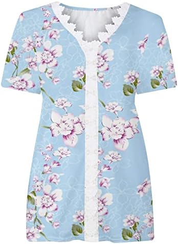 Girls 2023 Manga curta Lace Cotton Deep V pescoço gráfico floral casual casual solto tshirt Top