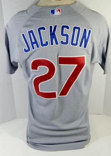 2015 Chicago Cubs Austin Jackson 27 Jogo usou Grey Jersey PS Ernie Banks P 4 - Jogo usada MLB Jerseys