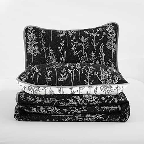 Conjunto de colcha em preto e branco Lunoroey Conjunto de cama floral reversível 3 peças Flores plantas botânicas
