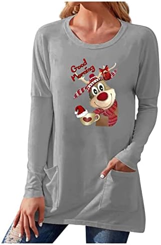 Camisetas de trabalho do Fandream para Mulheres O-Joletom Feliz Natal com bolso Tops de exercícios para mulheres