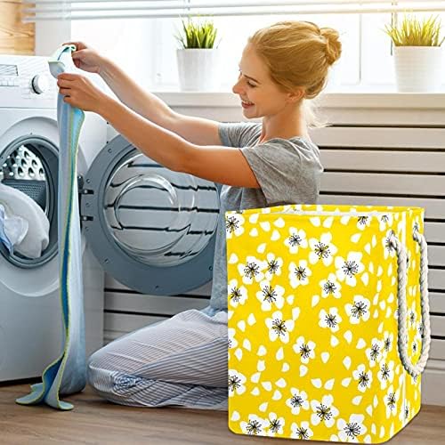Cesto de lavanderia cesto de roupa dobrável com alças de armazenamento destacável, organizador de banheiro, caixas de brinquedos infantis Blossom Pattern em fundo amarelo