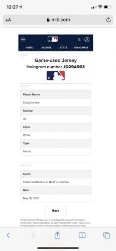 Craig Kimbrel Boston Red Sox Game Usado Jersey 2018 Save - ​​MLB Game Usado Jerseys