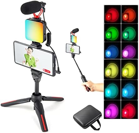 Kit RGB Vlogging com luz multicolorida, microfone estéreo, adaptador de áudio de 3,5 mm e remoto sem fio - YouTube,